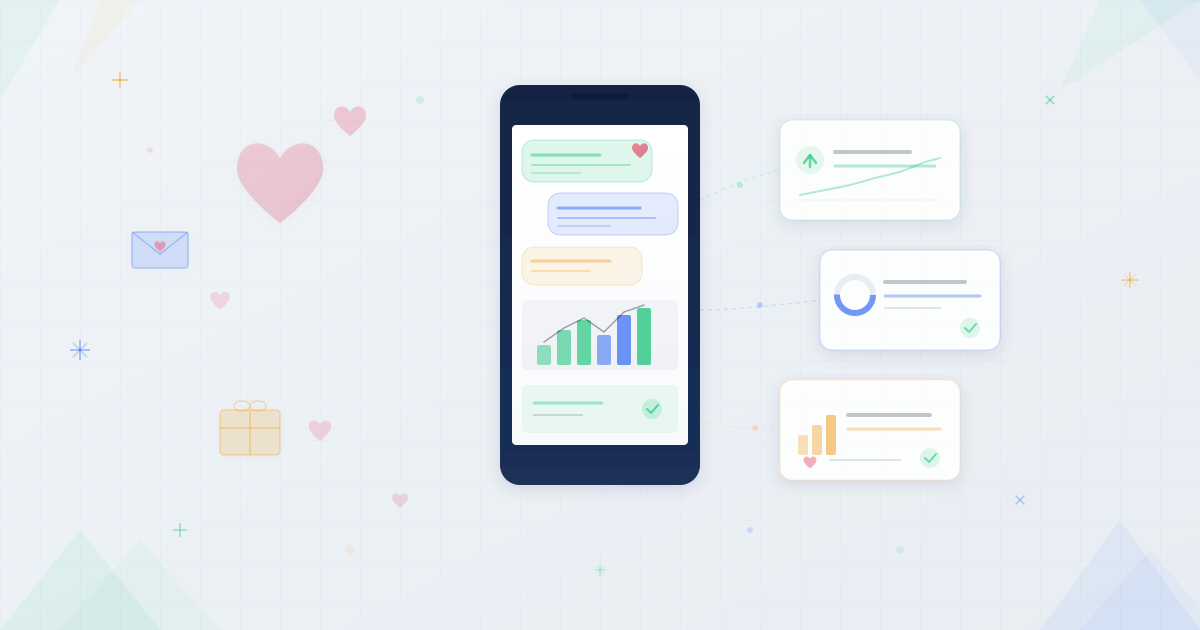 Phone showing Valentines Day SMS campaigns with hearts and gift elements connected to success metrics and charts