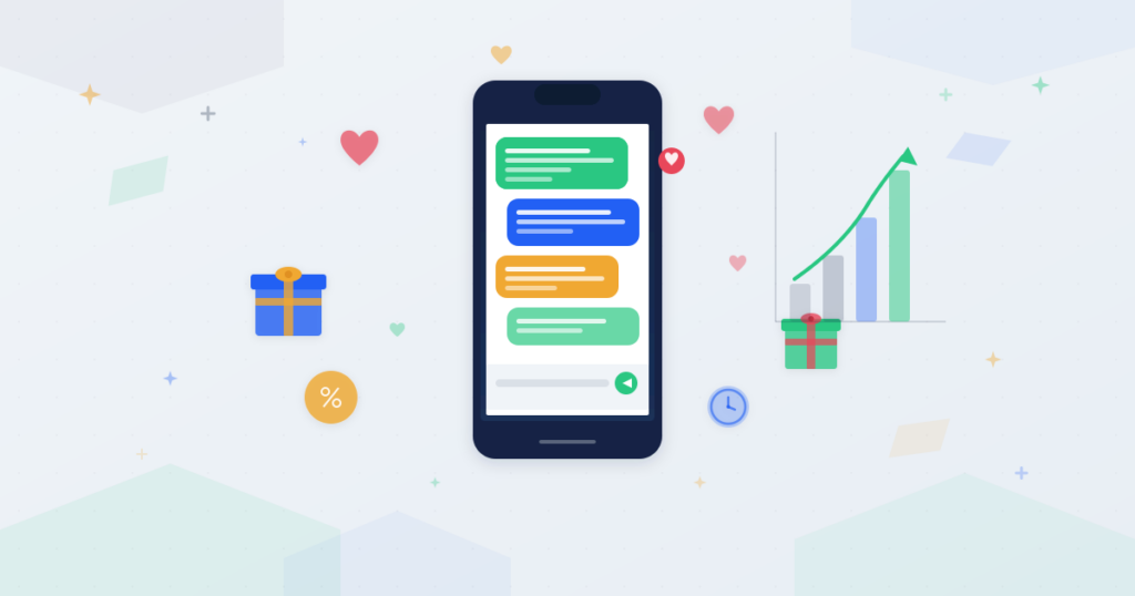 Phone with Valentines promotional SMS surrounded by hearts, gift boxes, and upward sales growth arrow