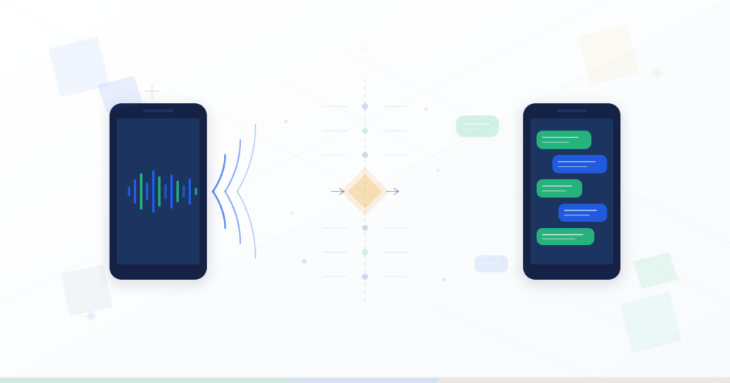 Voice message waveform and text message conversation displayed side by side on two phones, illustrating the 6 key differences between voice and text messaging for business communication