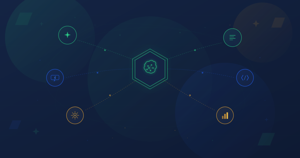 Abstract illustration of WhatsApp AI features for business showing a central AI brain hub connected to six feature nodes representing Meta AI assistant, chat summaries, quick replies, Business API, automation workflows, and analytics