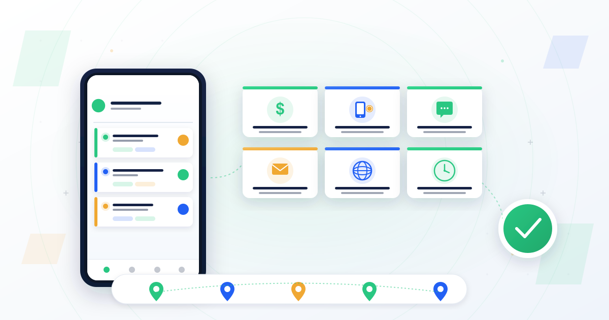 Smartphone showing a CRM pipeline with deal cards beside six floating criteria icons (free tier, mobile money, WhatsApp, SMS, multi-currency, time to value) and a green checkmark — the buyer framework for the best CRM for small business in Africa