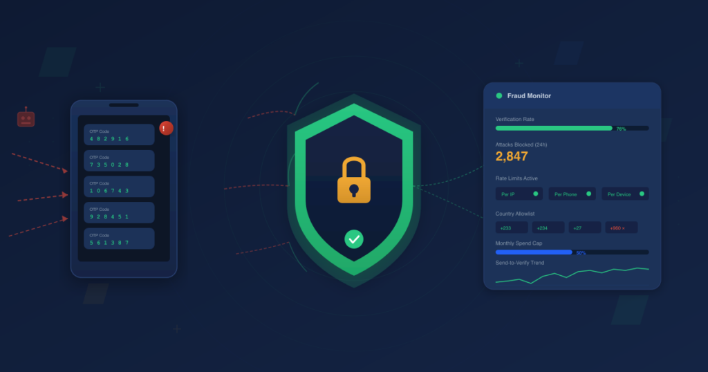 SMS pumping fraud prevention illustration showing a phone under bot attack with OTP messages, a protective shield with lock deflecting threats, and a fraud monitoring dashboard with rate limits and verification tracking