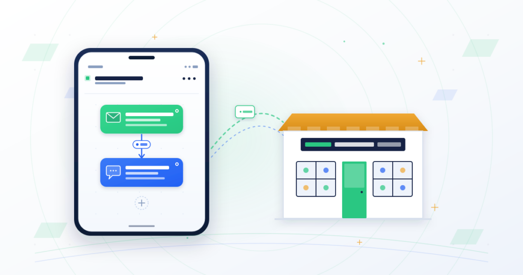 A smartphone shows a simple marketing automation canvas with two connected workflow nodes — a green Welcome node linked to a blue Send SMS node — alongside an illustrated small shop, representing a lean starter automation setup for SMEs.