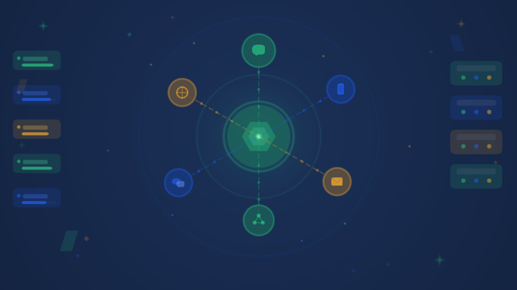 Illustration of interconnected communication channels converging into a unified omnichannel platform hub with evaluation criteria