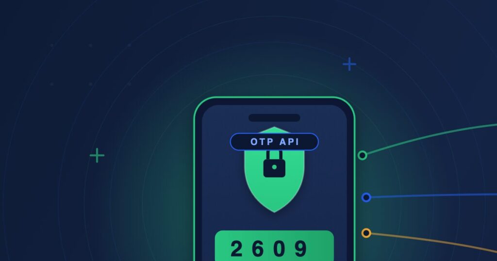OTP API provider comparison for 2026 — a phone displaying a one-time verification code behind a green security shield and lock, linked to Twilio, Vonage, Sinch, AWS, and Arkesel, with Arkesel highlighted as the Africa-first OTP verification API.