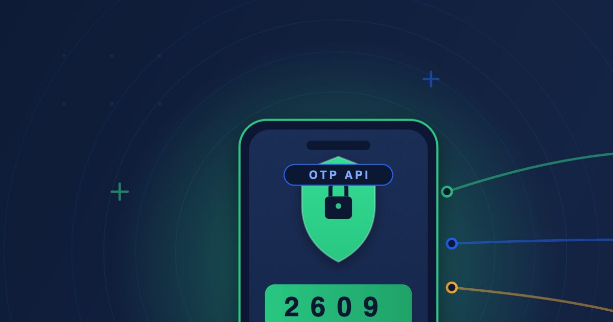 OTP API provider comparison for 2026 — a phone displaying a one-time verification code behind a green security shield and lock, linked to Twilio, Vonage, Sinch, AWS, and Arkesel, with Arkesel highlighted as the Africa-first OTP verification API.