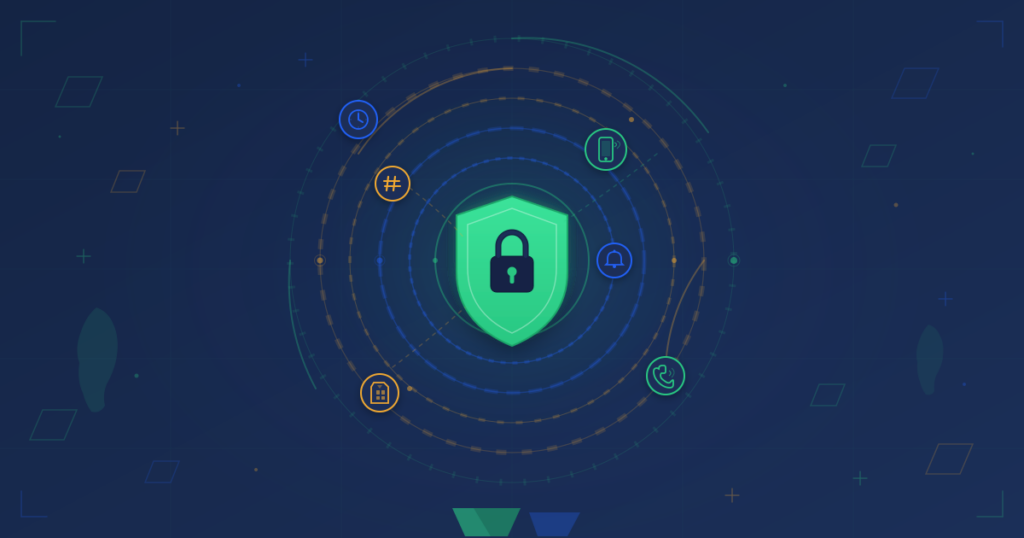 Layered OTP security architecture for fintech banking showing a central shield with lock surrounded by six protective rings and multi-channel authentication icons including SMS, USSD, voice, and authenticator app