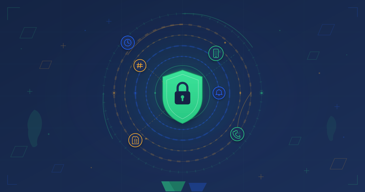 Layered OTP security architecture for fintech banking showing a central shield with lock surrounded by six protective rings and multi-channel authentication icons including SMS, USSD, voice, and authenticator app