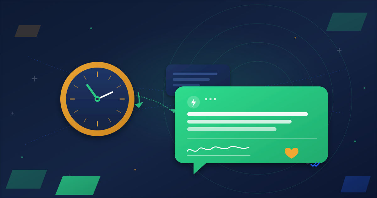 Abstract illustration of a WhatsApp Business auto reply message bubble with a handwritten personal-touch signature and an after-hours clock, on a dark navy Arkesel-branded background