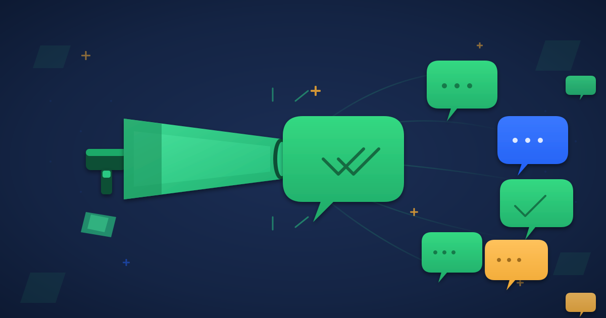 WhatsApp marketing broadcast illustration — a green megaphone built from layered parallelogram peaks emits a primary WhatsApp message bubble that fans out into smaller green, blue and gold reply bubbles across a dark navy canvas, representing one-to-many WhatsApp campaigns to opted-in customers.