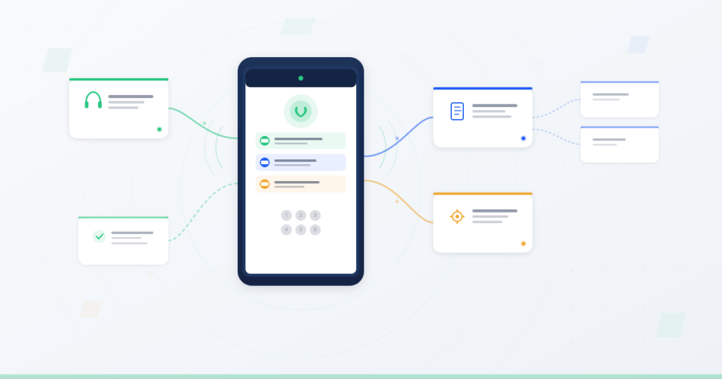 Interactive voice response IVR system on a smartphone displaying menu options branching to customer service, billing, and technical support departments