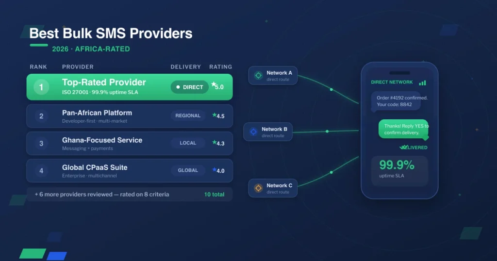 Comparison of the best bulk SMS providers in 2026 for African businesses, rated on direct carrier connections and delivery reliability