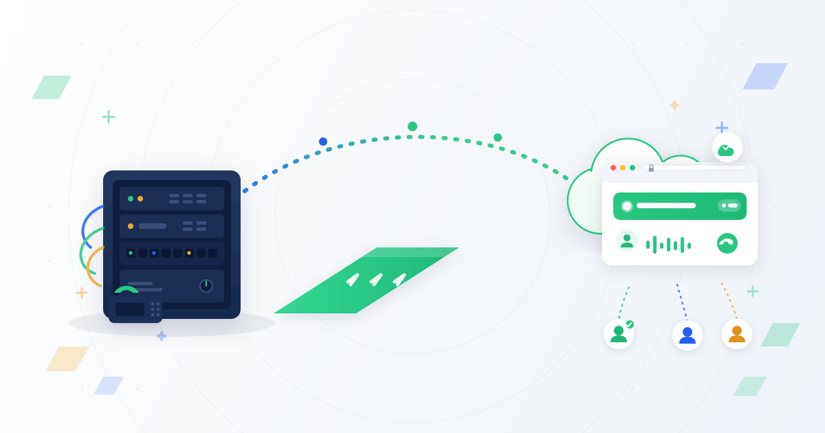 Cloud contact centre vs PBX: an on-premise PBX server rack and cabling on the left switching across a green bridge to a cloud contact centre with a browser-based softphone and distributed agents on the right — the switch path for a Ghanaian business