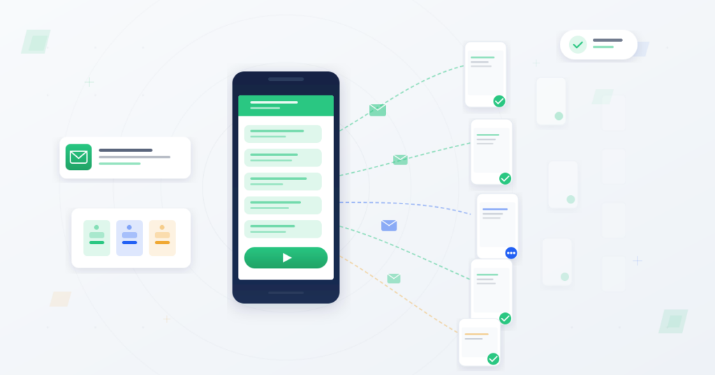 Bulk SMS dispatch from a smartphone to multiple recipient devices across Ghana mobile networks with delivery confirmation checkmarks
