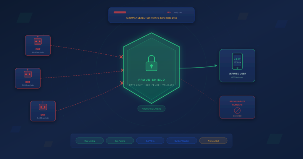 SMS pumping fraud prevention shield blocking bot attacks while allowing legitimate OTP delivery through layered defenses