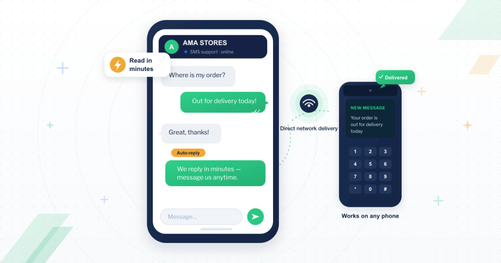 SMS customer service for a small business — a branded text-message support thread on a phone, delivered to any handset