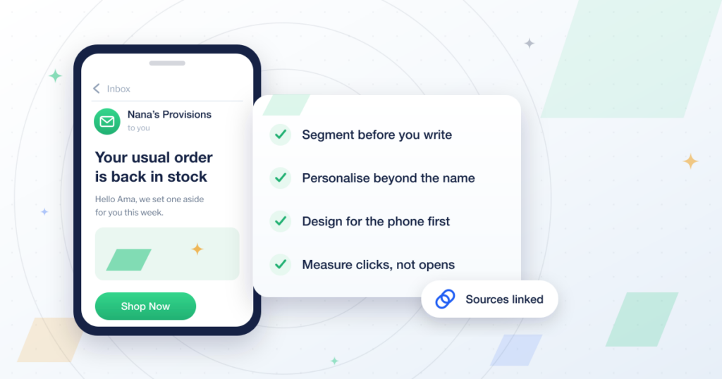 Email marketing best practices shown as a campaign email open on a phone beside a checklist of practices