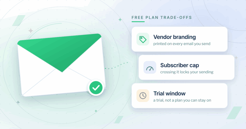 Illustration comparing email marketing services for African businesses: a large envelope beside three cards labelled vendor branding, subscriber cap and trial window
