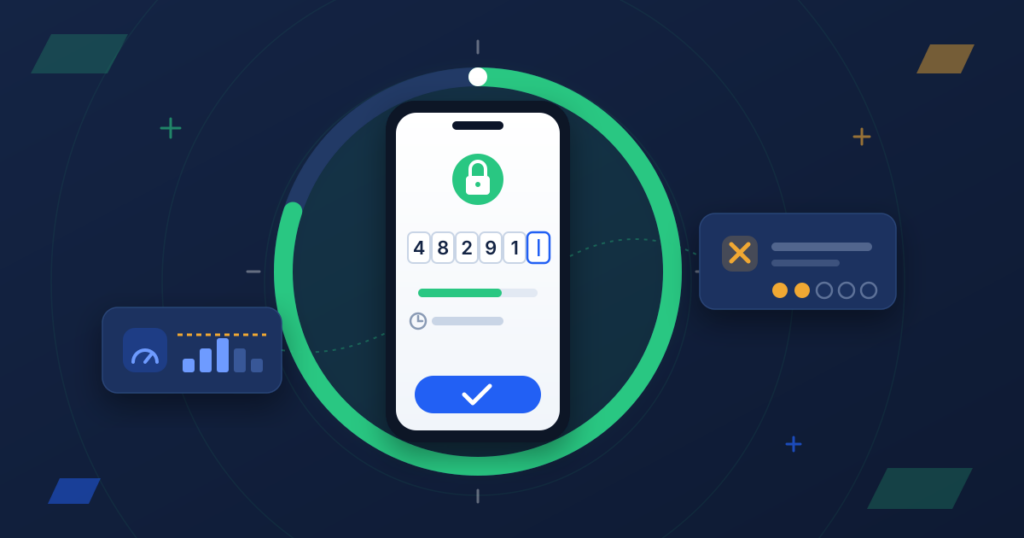 OTP expiration time best practices: a phone showing a one-time password entry screen inside a countdown timer ring, with attempt-limit and rate-limit panels