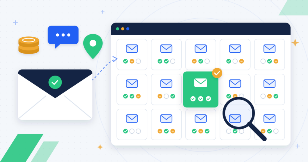Comparison board of 15 email marketing platforms reviewed as Mailchimp alternatives, with one option highlighted and checks for currency, SMS and footer address