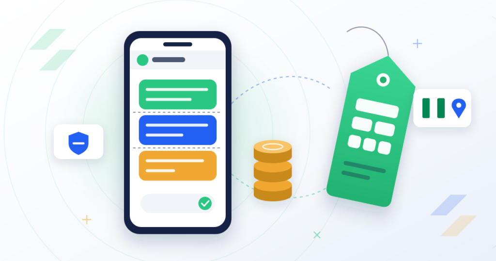 Phone showing one bulk SMS split into three message segments beside a stack of credits and a price tag, illustrating what decides the price of bulk SMS in Nigeria