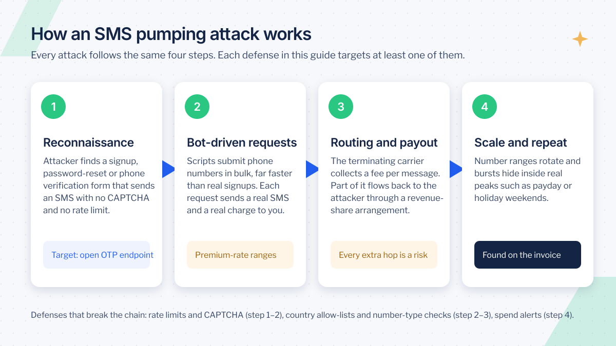 The four steps of an SMS pumping attack: reconnaissance of an open OTP endpoint, bot-driven requests to premium-rate ranges, routing and revenue-share payout, then scale and repeat