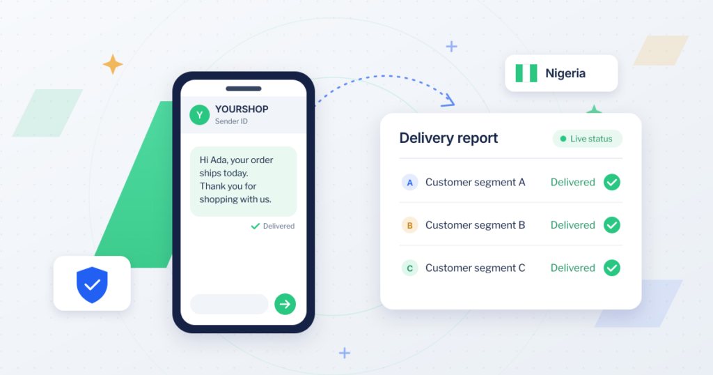 Send bulk SMS in Nigeria: a message from a branded sender ID on a phone beside a delivery report showing messages delivered to each customer segment