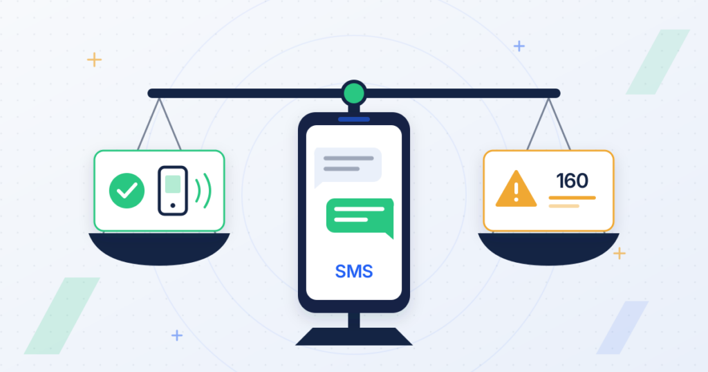Balance scale weighing the advantages and disadvantages of SMS for business, with a phone showing SMS messages at the centre