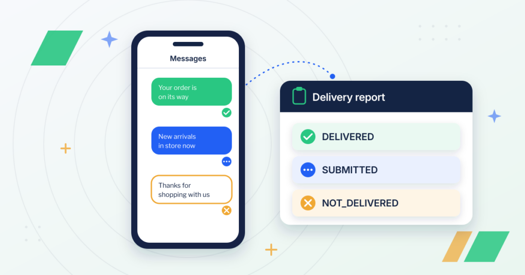 SMS delivery report showing messages on a phone marked DELIVERED, SUBMITTED and NOT_DELIVERED