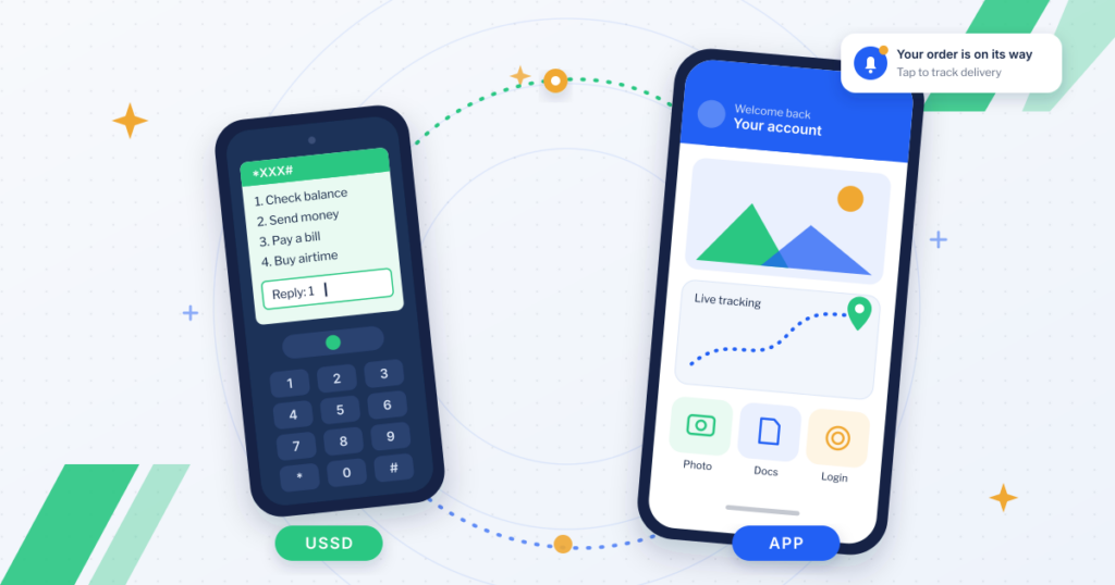 USSD vs mobile app: a feature phone showing a USSD menu beside a smartphone running an app with a push notification