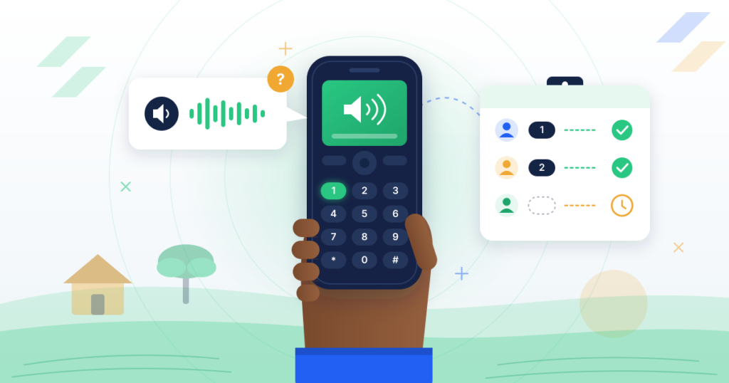 A hand holding a basic keypad phone as a voice survey plays a recorded question, with the answers by key press logged on a card, set against a rural Ghana landscape. Illustrates voice surveys for NGOs in Ghana.